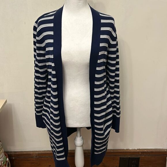 Lands End navy white striped cotton open cardigan Size S EUC - Picture 1 of 11